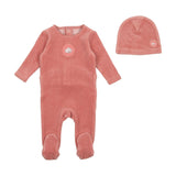 Bee & Dee Center Print Velour Footie with Beanie-Grapefruit