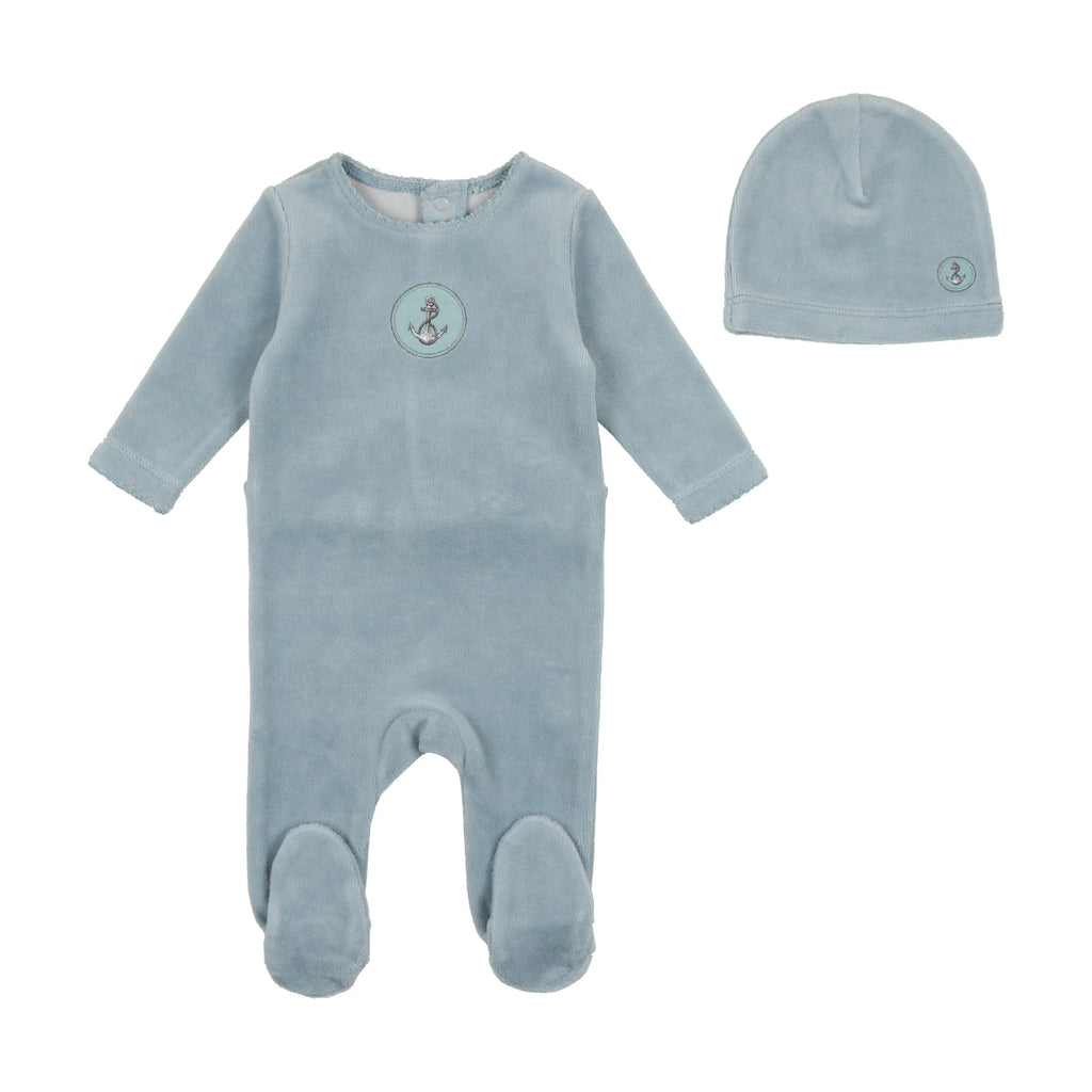 Bee & Dee Center Print Velour Footie with Beanie-Ocean Blue