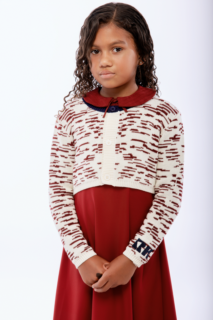 Retro Kid Chunky Knit Crop Cardigan - Cream/Burgundy 4-5Y Retro Kid Chunky Knit Crop Cardigan - Cream/Burgundy 4-5Y