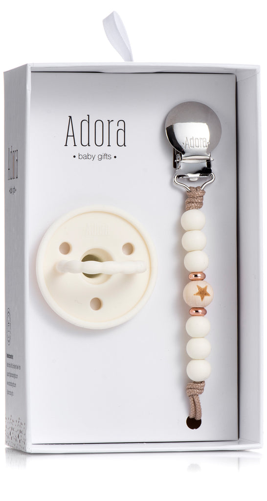 Adora Classic Vanilla Wood Star Pacifier Clip and Pacifier