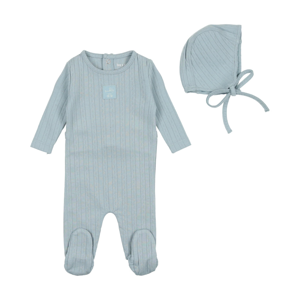 Bee & Dee Classic Pointelle Collection Footie with Bonnet-Blue Fog