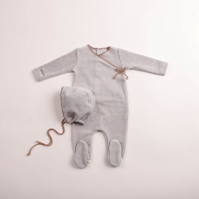 Bee & Dee Classic Stitch Velour Footie And Bonnet - Dusty Blue