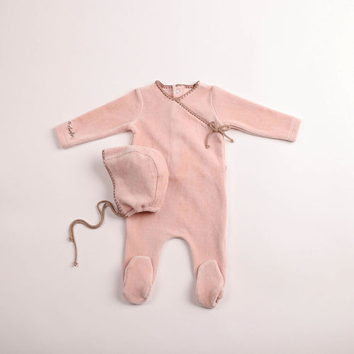 Bee & Dee Classic Stitch Velour Footie And Bonnet - Rose