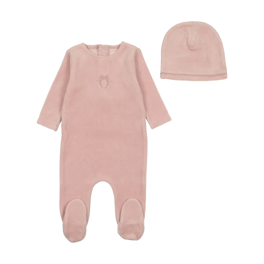 Bee & Dee Classic Velour with Bow Wreath  Footie with Beanie - Pink Smoke