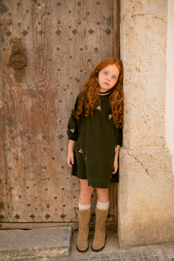 Orange Dimanche Corduroy Embroidered Dress - Green