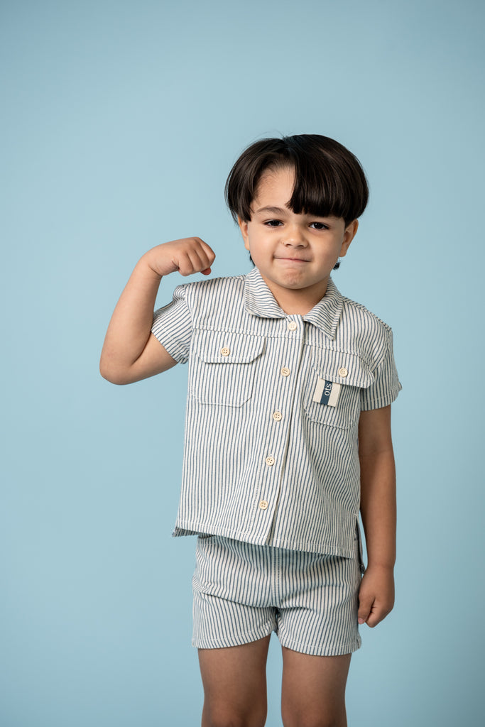 Birnham On The Sea Boys Button D Shirt - Blue Stripe