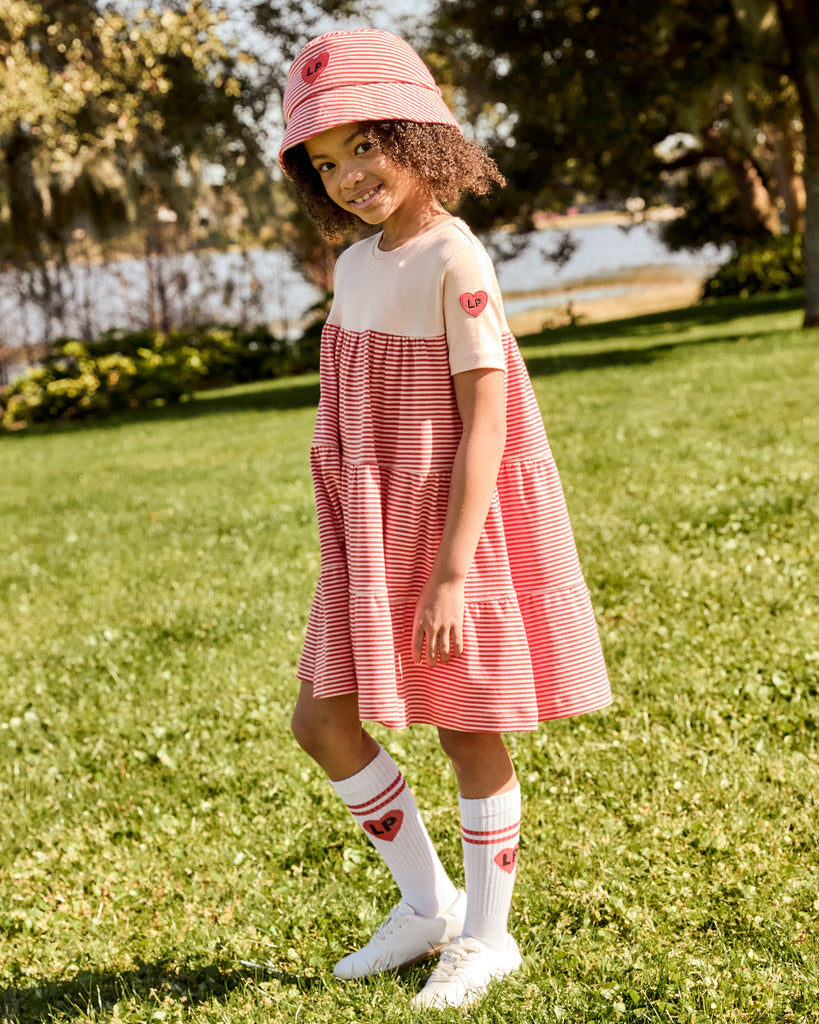 Little Parni Varsity Tiered Dress (K600) - Coral/Pink (Short Sleeve)