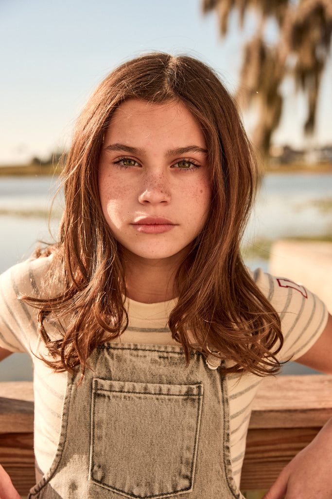 Little Parni Wide Striped Short Sleeve T-shirt (K613) - Grey/Ivory