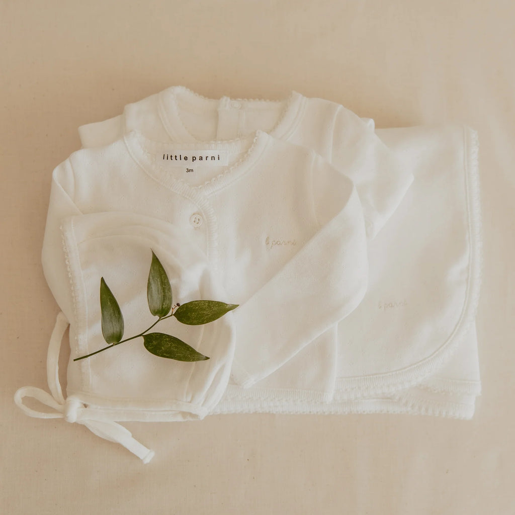 Little Parni Pointelle Cardigan Layette Set (K655 & K657) - Milk White