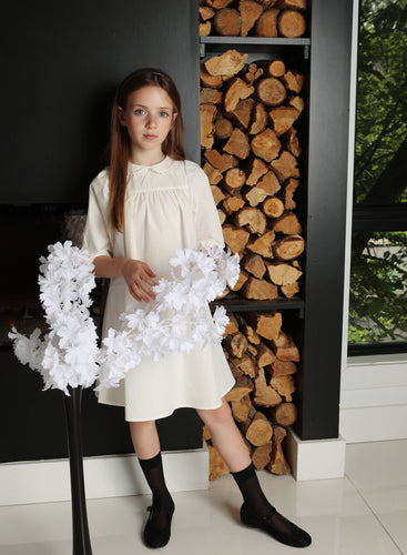 Little Tempest Cream Button Back Empire Waist Taffeta Dress