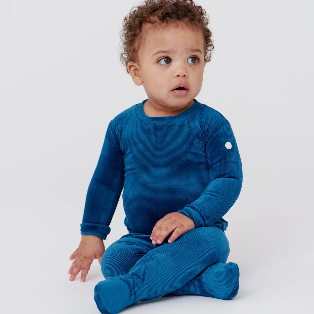 Crew Rib Velour Romper - Blue