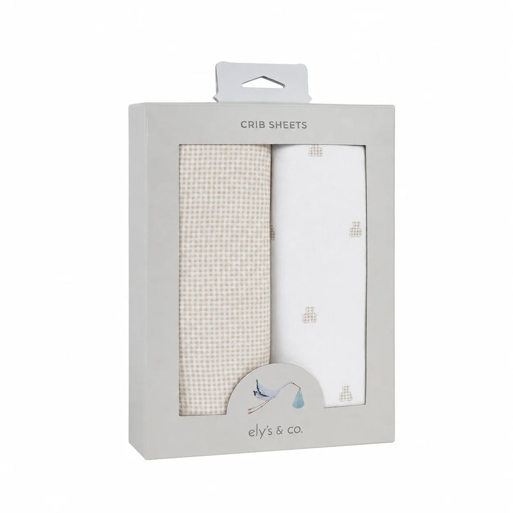 Ely's & Co 2 Pack Jersey Crib Sheet - Gingham Bear Collection - Tan