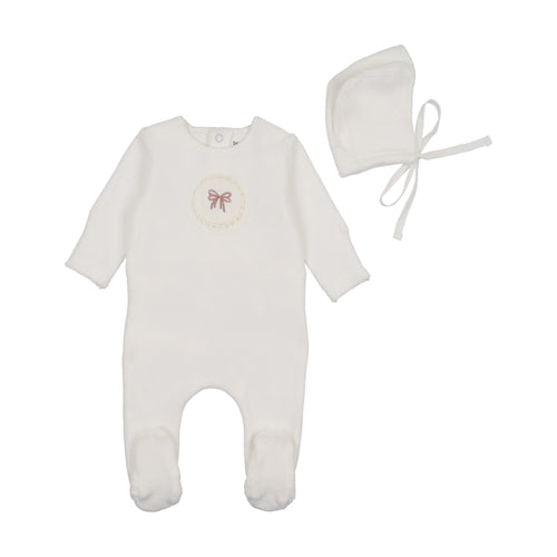 Bee & Dee Crochet Velour Footie And Bonnet - Chalk White Girls