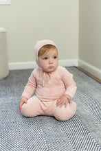 Load image into Gallery viewer, Bee &amp; Dee Crochet Velour Footie And Bonnet - Champagne Pink