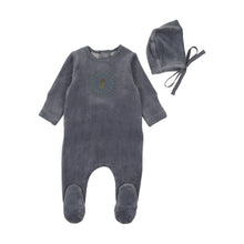 Load image into Gallery viewer, Bee &amp; Dee Crochet Velour Footie And Bonnet - Hydrangea Blue