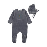 Bee & Dee Crochet Velour Footie And Bonnet - Hydrangea Blue