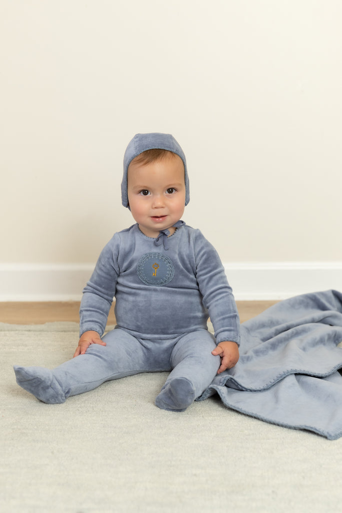 Bee & Dee Crochet Velour Footie And Bonnet - Hydrangea Blue