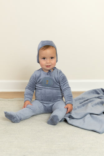 Bee & Dee Crochet Velour Footie And Bonnet - Hydrangea Blue