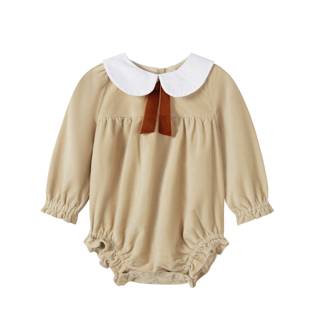 NouNelle Crushed Velour Tan Tie Romper