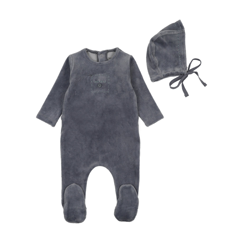 Bee & Dee Cute As A Button Footie And Bonnet - Blue Horizon