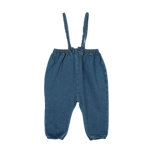 Lil Legs Denim Bow Suspender Romper - Blue Denim