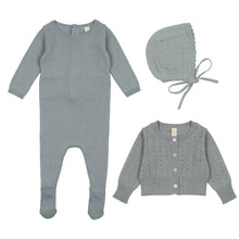 Load image into Gallery viewer, Lil Leg Dotted Knit Footie, Cardigan and Bonnet Set - Blue