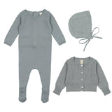 Lil Leg Dotted Knit Footie, Cardigan and Bonnet Set - Blue