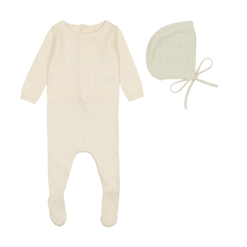 Lil Leg Dotted Knit Footie & Bonnet - Cream