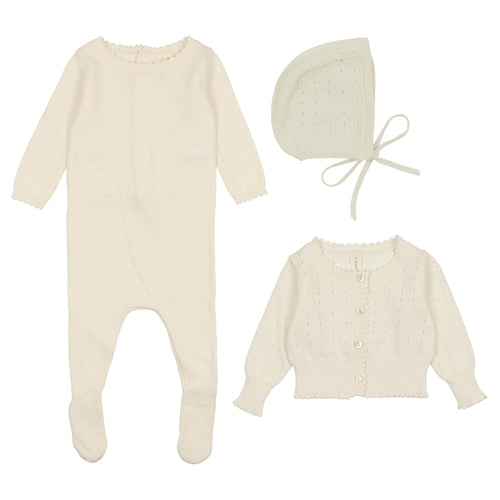 Lil Leg Knit Footie + Cardi 3PC Set - Cream