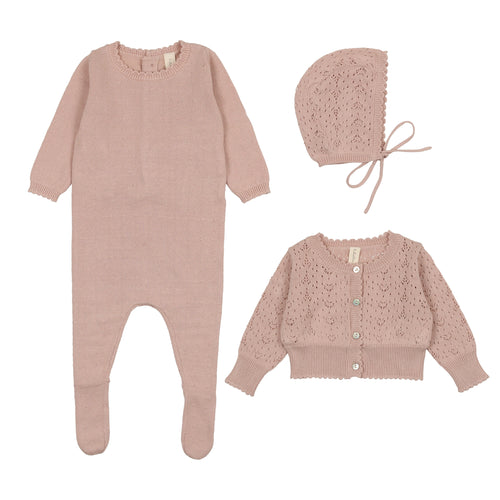 Lil Leg Knit Footie + Cardi 3PC Set - Pink