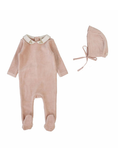 Lilette Velour Collar Footie And Hat - Dusty Pink
