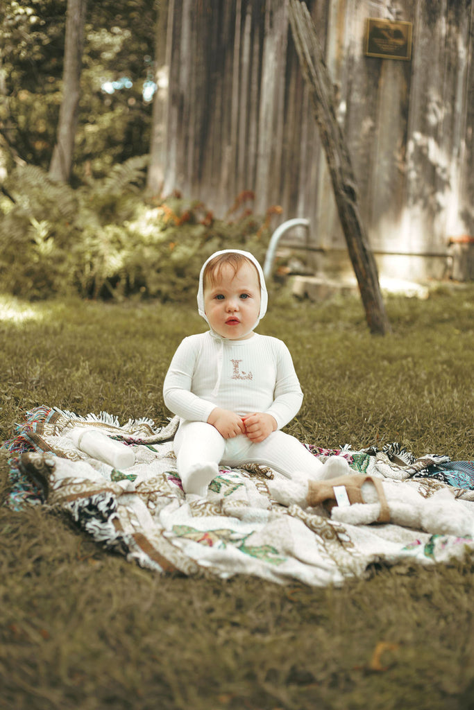 Ladida Ivory Ribbed Footie & Bonnet - Pink "L"