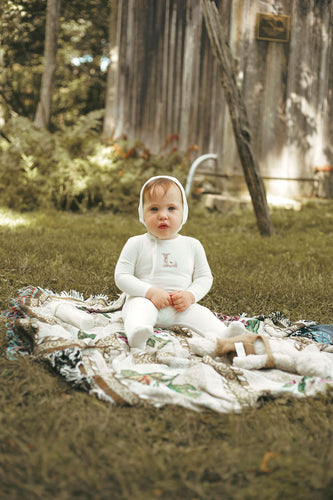 Ladida Ivory Ribbed Footie & Bonnet - Pink 