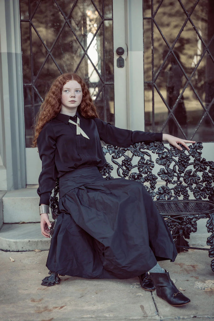 Coco Blanc Front Pleat Blouse With Cream Collar And Velvet Criss Cross