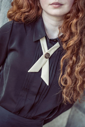 Coco Blanc Front Pleat Blouse With Cream Collar And Velvet Criss Cross