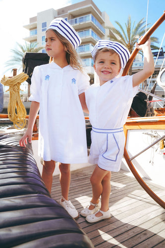 Calla Lili Boys Linen Shirt With House - White/Blue