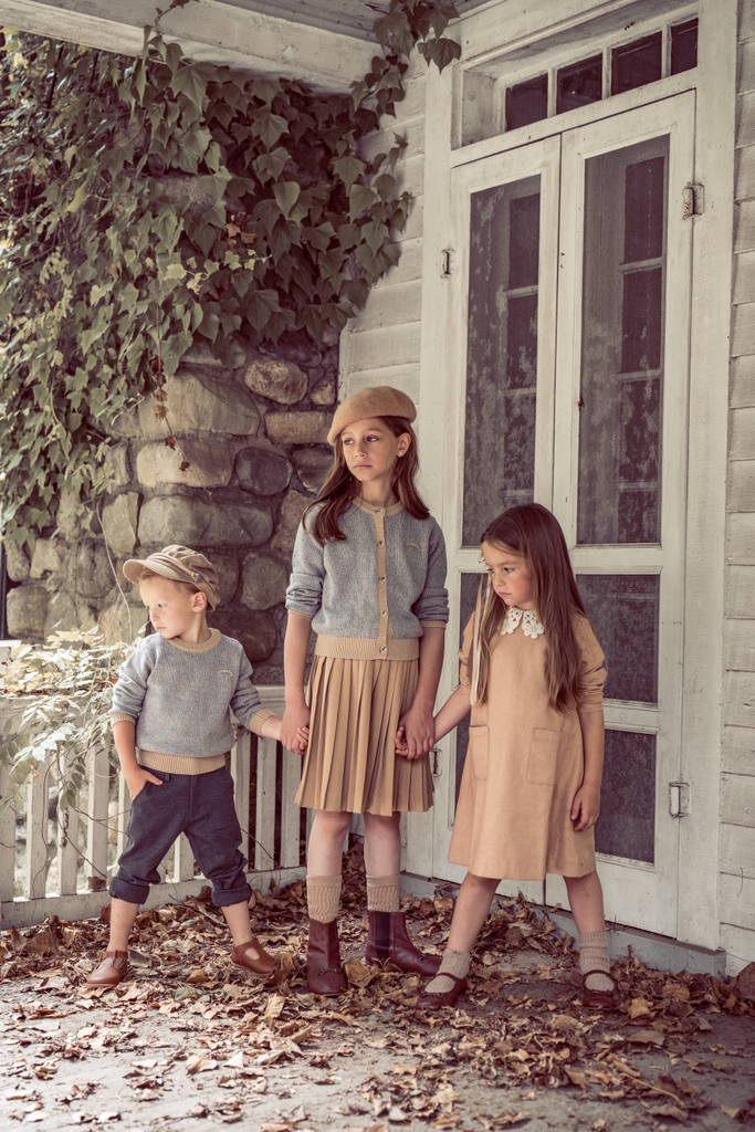 Coco Blanc Camel Pleated Skirt With Speckled Cardigan Set – Moonlight Coco Blanc Camel Pleated Skirt With Speckled Cardigan Set – Moonlight