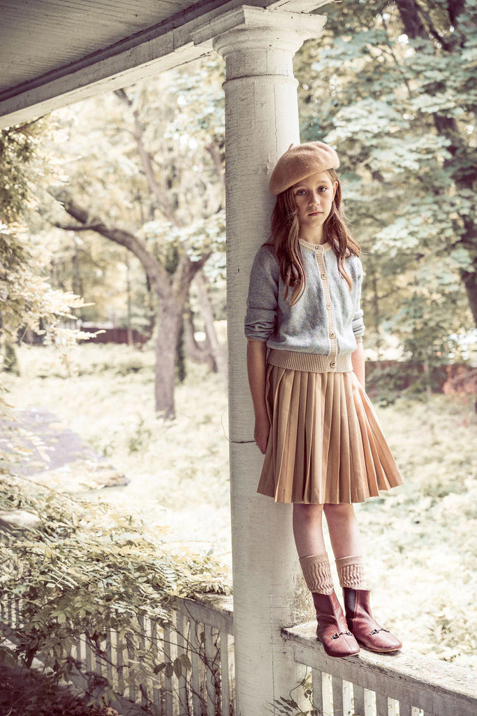 Coco Blanc Camel Pleated Skirt With Speckled Cardigan Set