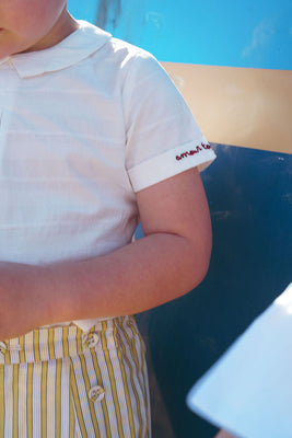 Coco Blanc Peter Pan Linear Shirt And Shorts Set - White/Yellow Striped