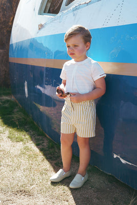 Coco Blanc Peter Pan Linear Shirt And Shorts Set - White/Yellow Striped