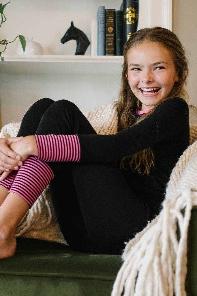 Lil Legs Striped Cuff Lounge Set - Black/Hot Pink