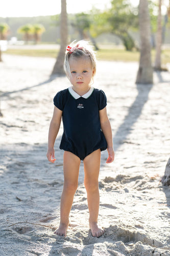 Lil Legs Puff Sleeve Polo Romper - Navy