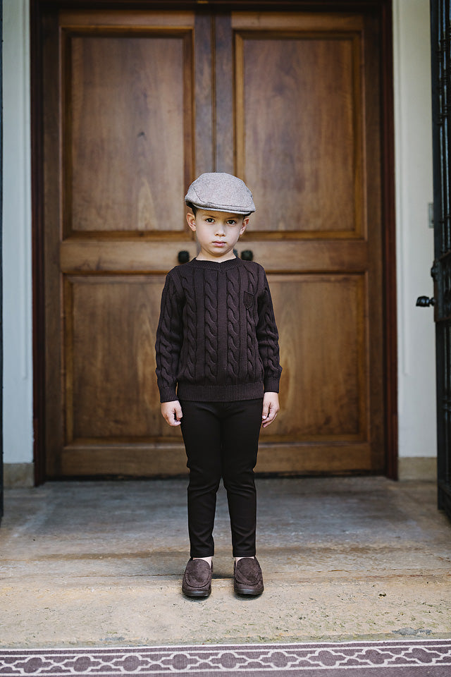 Lil Legs Chunky V Neck Sweater - Chocolate Brown