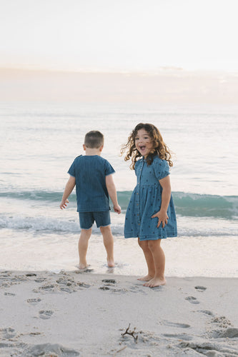 Lil Legs Floral Print Dress Short Sleeve -Denim