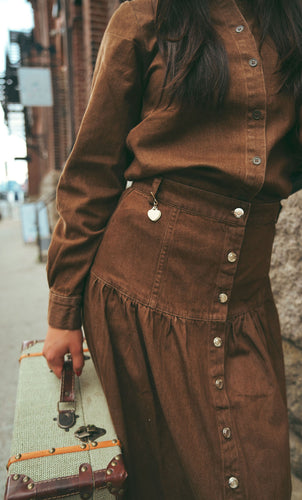 Urban Edge Denim Drop Waist Skirt - Brown