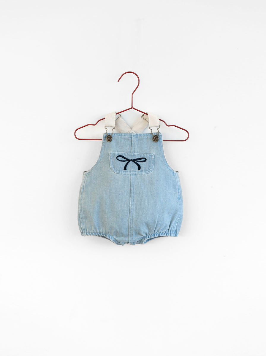 Please Mom Denim Bow Barrel Romper *RUNS SMALL* 18M