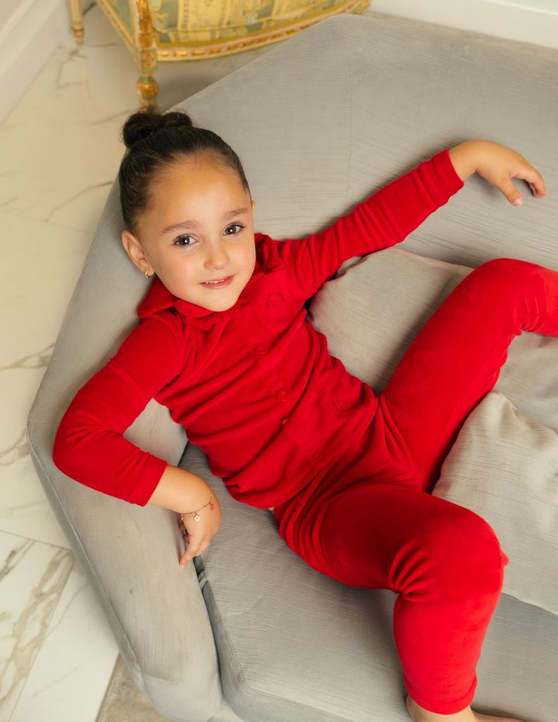 Little Label Velour Pocket Embroidered Grandpa Pajama - Girls - Red