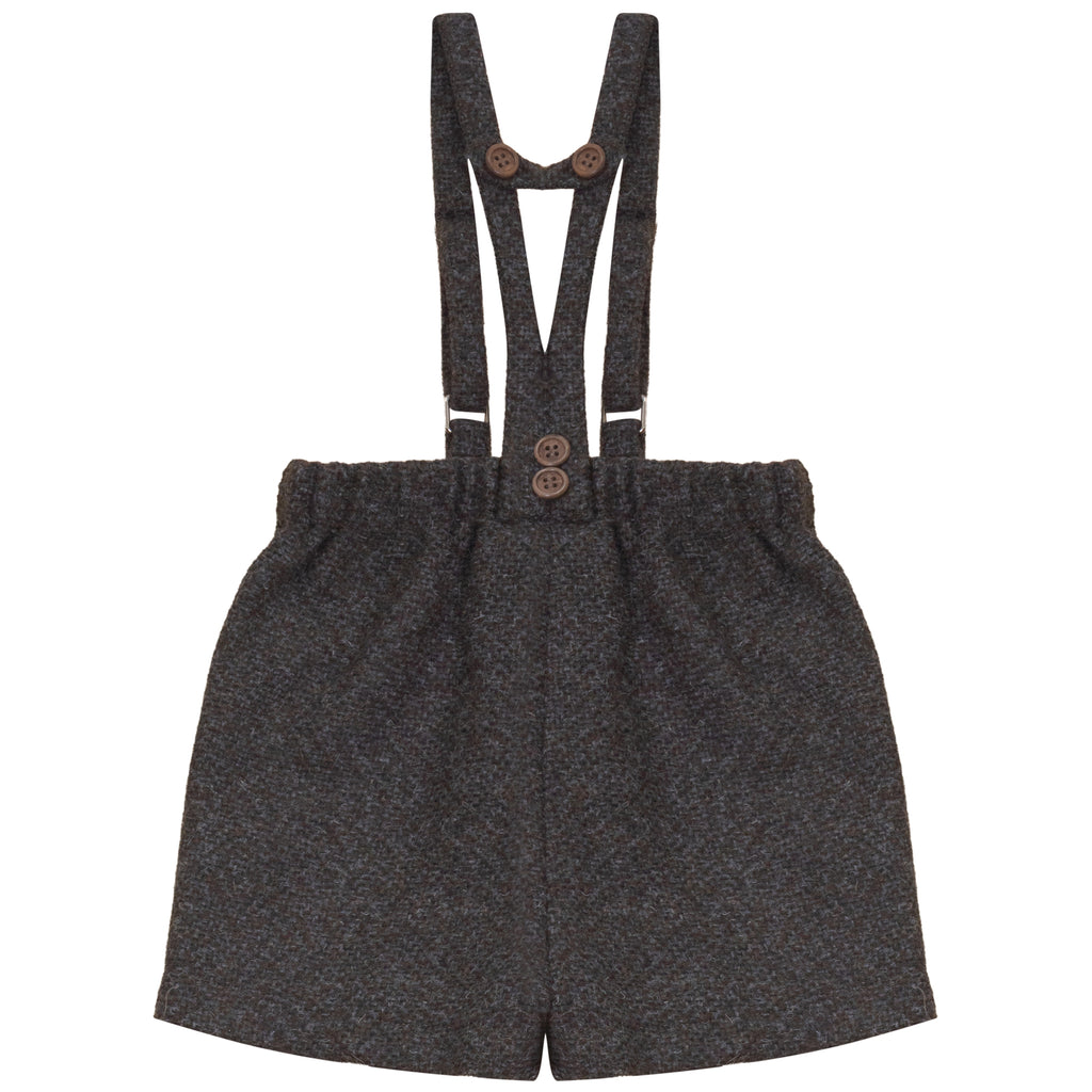 Calla Lili Boys Tweed Shorts With Suspenders - Grey/Brown