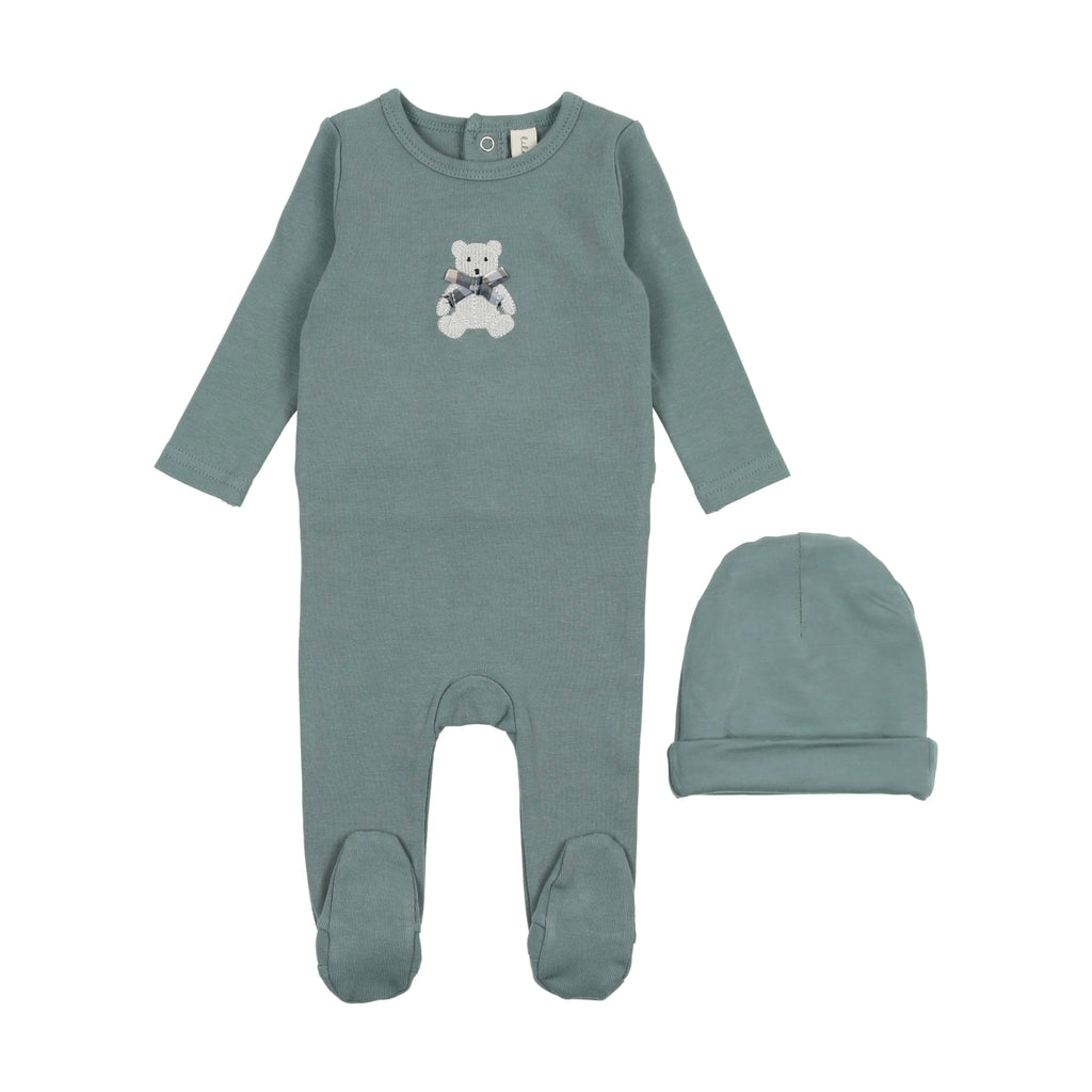 Lil Legs Embroidered Footie and Beanie Set - Blue bear