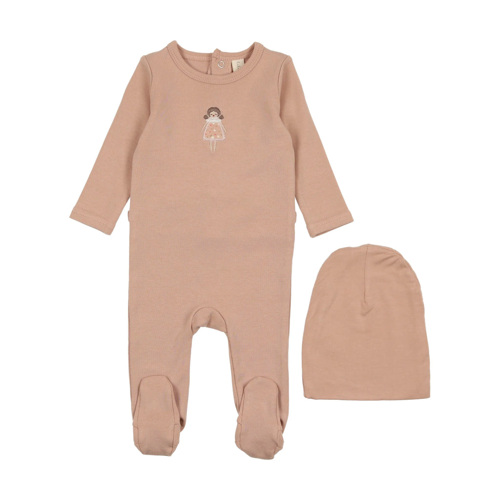 Lil Legs Embroidered Footie and Beanie Set - Pink Doll